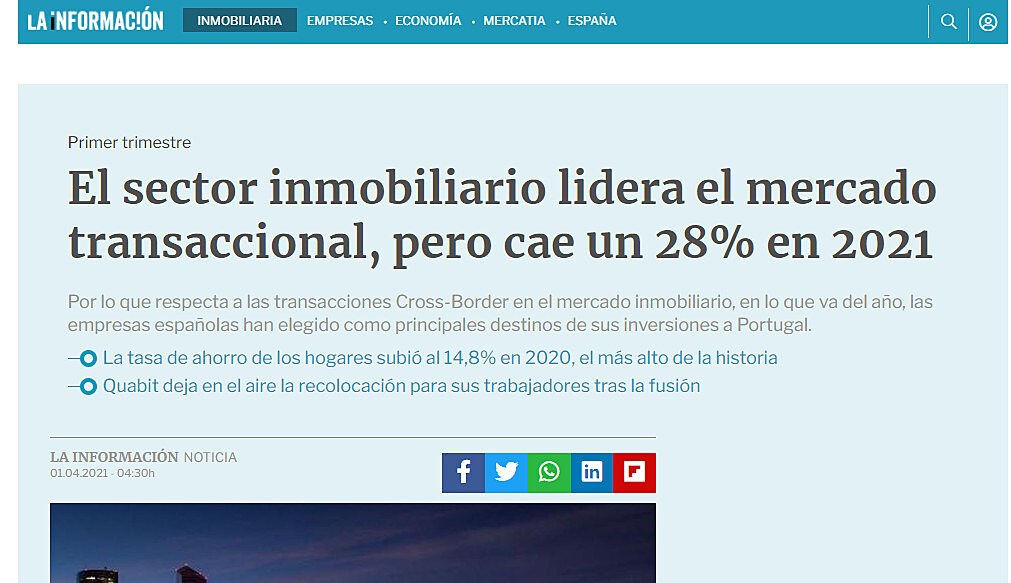 El sector inmobiliario lidera el mercado transaccional, pero cae un 28% en 2021